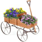 Costway - brouette d�corative en bois avec 2 compartiments � planter, jardini�re avec roues m�talliques ...