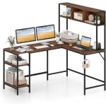 Costway bureau d'angle en l, table d'ordinateur avec biblioth�que, �tag�res de rangement ouvertes & crochet ...