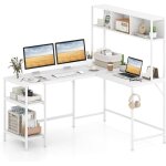 Costway bureau d'angle en l, table d'ordinateur avec biblioth�que, �tag�res de rangement ouvertes & crochet ...