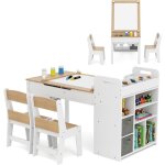 Costway bureau enfants en bois avec 2 chaises & plateau rabattable, table enfant avec tagres ouvertes ...