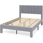 Costway - cadre de lit double, sommier tissu velout� avec t�te de lit, support lattes en bois, patins ...