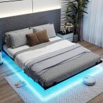 Costway cadre de lit flottant avec �clairage led, 160 x 200 cm, lit plateforme m�tallique 2 personnes ...