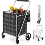 Costway - chariot de courses pliable  4 roues, caddie de courses  double panier, cadre mtallique et ...