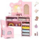 Costway coiffeuse enfant fille avec chaise et miroir lumineux, bureau enfant avec 5 tiroirs, 2 compartiments, ...