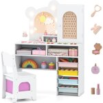 Costway coiffeuse enfant fille avec chaise et miroir lumineux, bureau enfant avec 5 tiroirs, 2 compartiments, ...