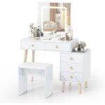 Costway coiffeuse avec miroir led, meuble d'appoint et tabouret rembourr�, coiffeuse avec 3 modes d'�clairage, ...