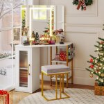 Costway coiffeuse avec miroir et tabouret, coiffeuse d'angle avec 3 miroirs, 3 couleurs, lumi�res et ...