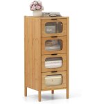 Colonne salle de bain en bambou, meuble salle de bain avec tiroirs en verre tremp� ray�, armoire de salle ...