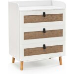 Commode 3 tiroirs, commode chambre adulte pieds en bois massif, poigne noir design, tiroir en rotin ...