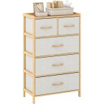 Costway commode 5 tiroirs en tissu, chiffonnier meuble de rangement en bambou, dessus en bois, �tag�re ...