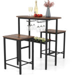 Costway - ensemble de table � manger ovale et 2 tabourets avec porte - bouteilles, porte - verres � vin, ...