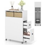 Costway meuble de salle de bain � 2 tiroirs et 2 paniers, colonne salle de bain � 4 roues avec porte ...