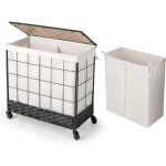 Costway panier  linge 2 compartiment avec couvercle en bois, 130 l, corbeille  linge tress, bac a ...