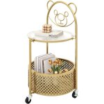 Costway - petite table basse en verre 2 niveaux, bout de canap� rond � roulette avec panier, plateau ...