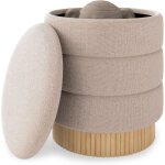 Costway pouf rangement rond 35, 5 l, tabouret coiffeuse en chenille, couvercle amovible, base en bois ...