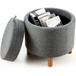 Costway - pouf rangement rond, pouf coffre avec plateau, repose - pied salon, tissu pe, pieds en bois, ...