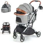Poussette pour chien 3 en 1, poussette buggy pliable pour chien chat, avec housse etanche, panier de ...