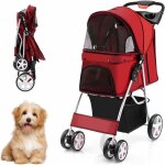 Costway poussette pour chien pliable � 4 roues charge 15kg, chariot pour chat portable avec panier de ...