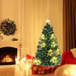 Costway sapin de no�l artificiel � fibre optique de 120 cm, guirlande lumineuse, 18 lumi�res blanches ...