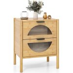 Costway table de chevet bambou avec 2 tiroirs, chevet de lit boho, tiroir en verre tremp�, bout de canap� ...