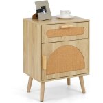 Table de chevet bois, table de nuit rotin avec tiroir, 4 pieds en pin, design cannage, placard  porte, ...