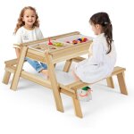 Costway table de pique - nique enfant en bois avec plateau amovible et 2 bacs, table sensorielle enfant ...