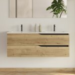 Cosyneo - meuble de salle de bain 120cm avec plan double vasque - 2 tiroirs - sans miroir - madera miel ...