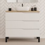 Meuble de salle de bain 90cm avec plateau miel et vasque  poser zeus - 3 tiroirs - sans miroir - blanc ...