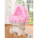 Couffin mose  capuche - ours en peluche avec n?ud, linge de lit blanc et rose avec broderie