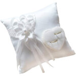 Coussin alliances satin ivoire double c?ur perles dentelle mariage plage