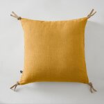 Coussin d�houssable avec pompons lin lav� 45 x 45 cm soline miel jaune