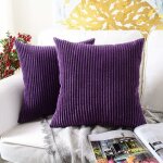 Coussin et housse de coussin ray� violet fonc� lot de 2, velours c�tel� doux d�coratif carr� housse de ...
