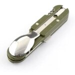 Couverts pliants en acier inox vert arm�e, avec d�capsuleur, pour camping, 1 kit