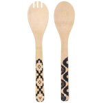 Couverts � salade en bois de bambou avec manche noirs � motifs