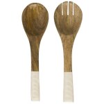 Couverts � salade en bois de manguier avec manche textur� nid d'abeille beige