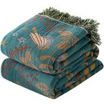 Couverture boh�me florale verte en coton pur, grande taille adulte, l�g�re et r�versible