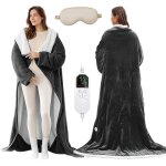 Couverture chauffante portable 127�177 cm gris fonc�, manches + poches pieds, lavable, usage maison / ...
