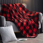 Memkey - couverture en molleton avec frange  pompons, jet en flanelle  carreaux rouge et noir  carreaux ...
