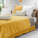 Couvre - lit 1 personne 180 x 220 cm ? coton uni � franges salma jaune