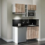 Cuisibane - kitchenette k13l - pt - 140 cm - plan stratifié, évier inox, - façade bois - plan noir texturé ... Cuisibane - kitchenette k13l - pt - 140 cm - plan stratifié, évier inox, - façade bois - plan noir texturé ...