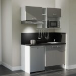 Cuisibane - kitchenette k13l - pt - 140 cm - plan stratifié, évier inox, - façade gris - plan noir texturé ... Cuisibane - kitchenette k13l - pt - 140 cm - plan stratifié, évier inox, - façade gris - plan noir texturé ...