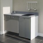 Kitchenette k17l - 140 cm - plan monobloc évier intégré cromo - évier à gauche - façades gris + electroménager ... Kitchenette k17l - 140 cm - plan monobloc évier intégré cromo - évier à gauche - façades gris + electroménager ...
