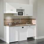 Cuisibane - kitchenette k55l - pt - 180 cm avec plan de travail et évier - façade blanc - plan bois - ... Cuisibane - kitchenette k55l - pt - 180 cm avec plan de travail et évier - façade blanc - plan bois - ...