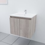 Meuble salle de bain suspendu 60 cm proline - bois - plan vasque en c�ramique