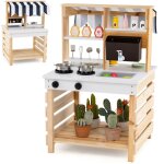 Cuisine enfant double face avec r�servoir � eau & evier amovible, jeu de cuisine en bois avec auvent ...
