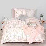 Parure de lit g�om�trique en microfibre 240x220 cm ? housse de couette r�versible rose et dor� ? 2 taies ...