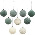 D�co de sapin coffret 9 boules de no�l paillet�es d 8 cm vert et blanc cass� - feeric christmas