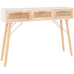 D�coshop26 - meuble console d'entr�e moderne avec tiroirs 105 x 30 x 75 cm bois massif pin / rotin naturel ...