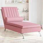 Chaise longue bain de soleil transat de relaxation de massage avec traversin rose velours cfw12244