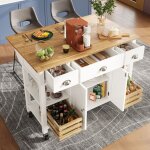 Desserte de cuisine 120x45x90cm, avec plateau pliable en bois vein, panier de rangement en pin, 3 tiroirs, ...